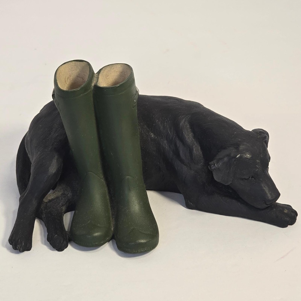 Vintage Black Labrador Dog Figurine with Green Wellington‎ Boots For Collector - Picture 2 of 15